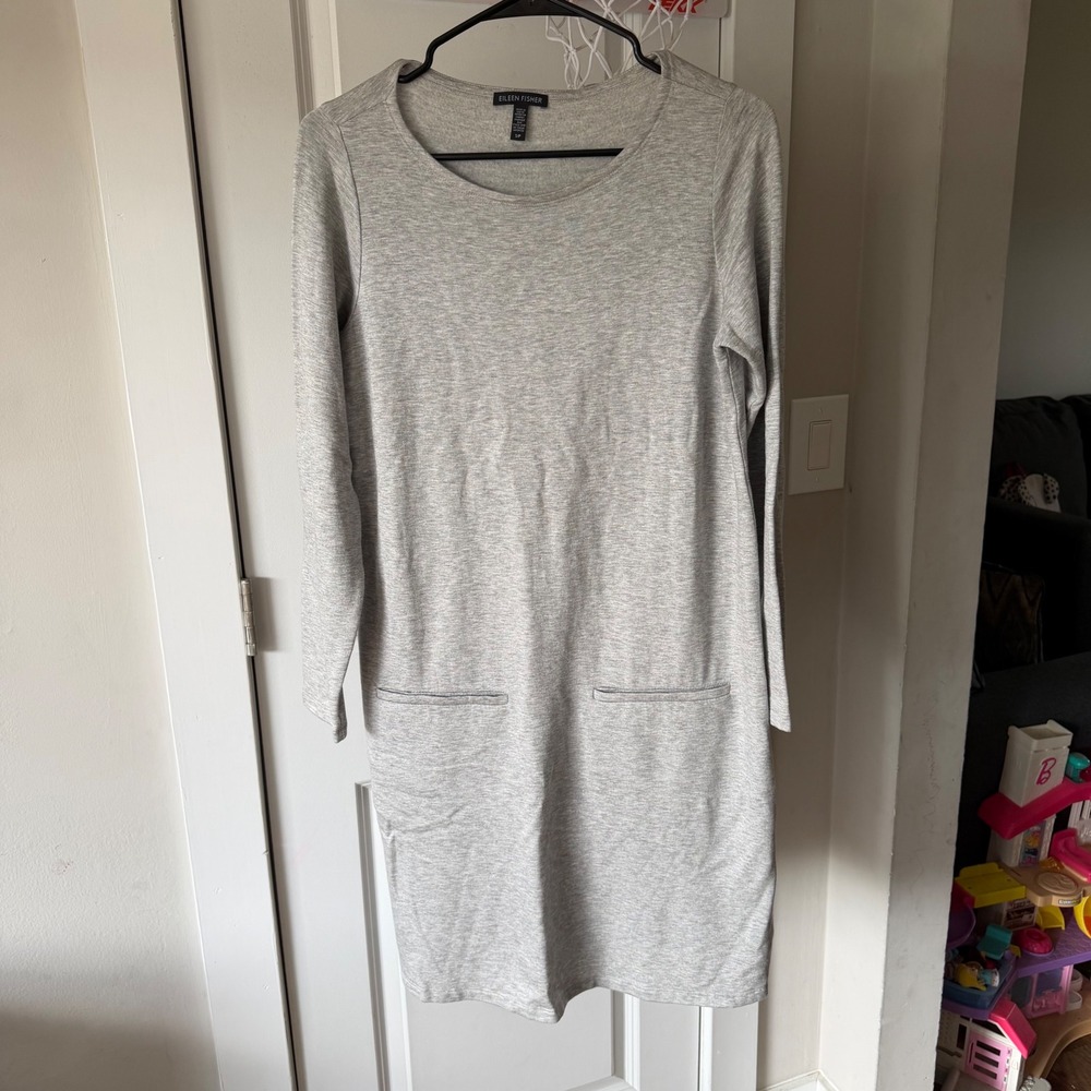 Eileen Fisher Dress Womens Size S Long Sleeve Gray Tencel Stretch Pocket Shift
